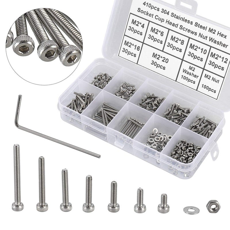 HanTof 410Pcs Tiny Hex Socket Head Cap Screws Bolts, 304 Stainless Steel M2 x 4/6/8/10/12/16/20mm, Micro Allen Head Machine Screws, Nuts and Washers Kit with Hex Wrench, Fully Threaded Pitch: 0.4mm - Image 1